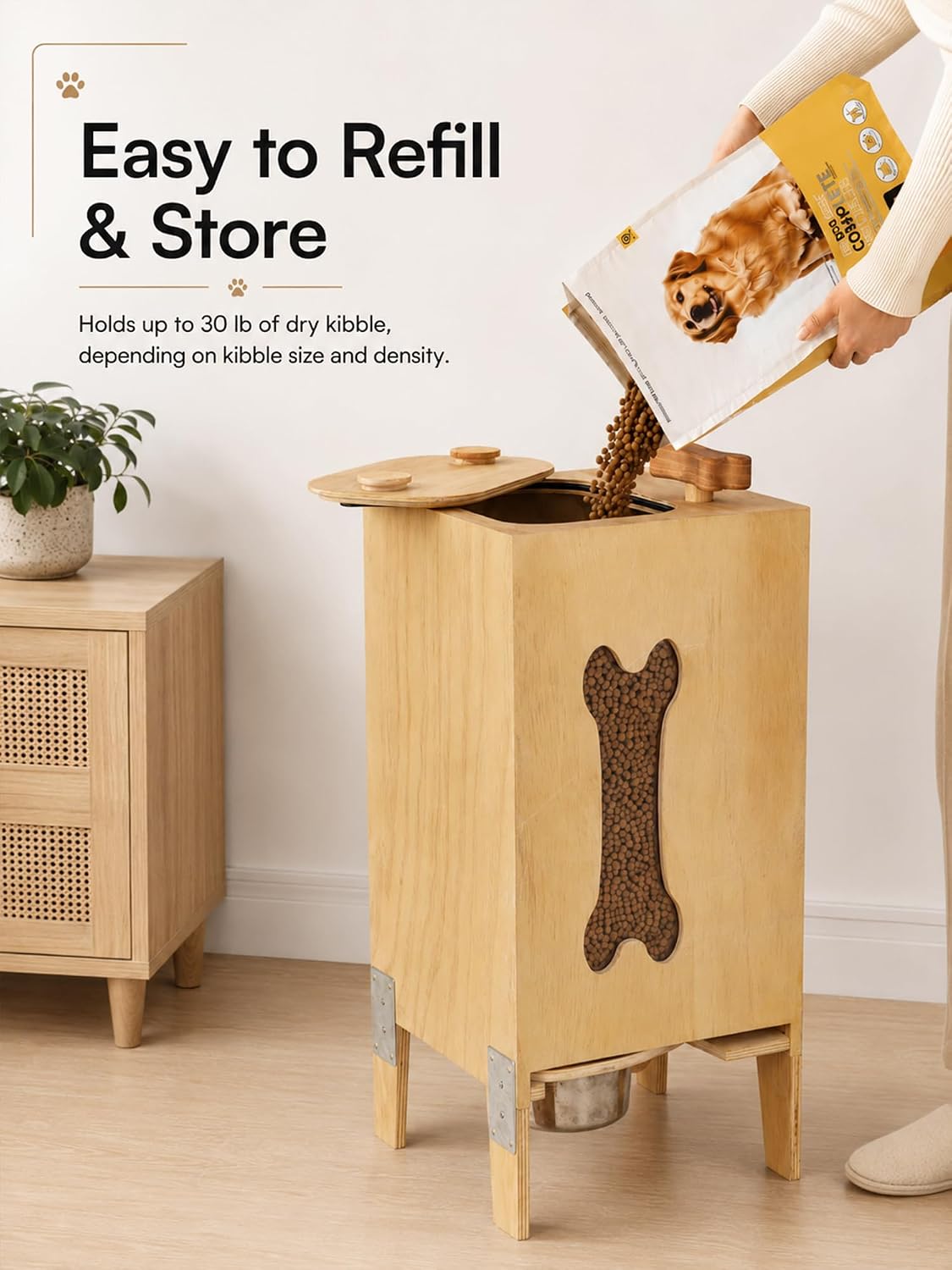 Wooden Dog Food Dispenser with Raised Bowl, Up to 30 lb Kibble Storage