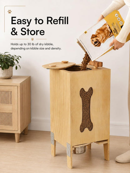 Wooden Dog Food Dispenser with Raised Bowl, Up to 30 lb Kibble Storage