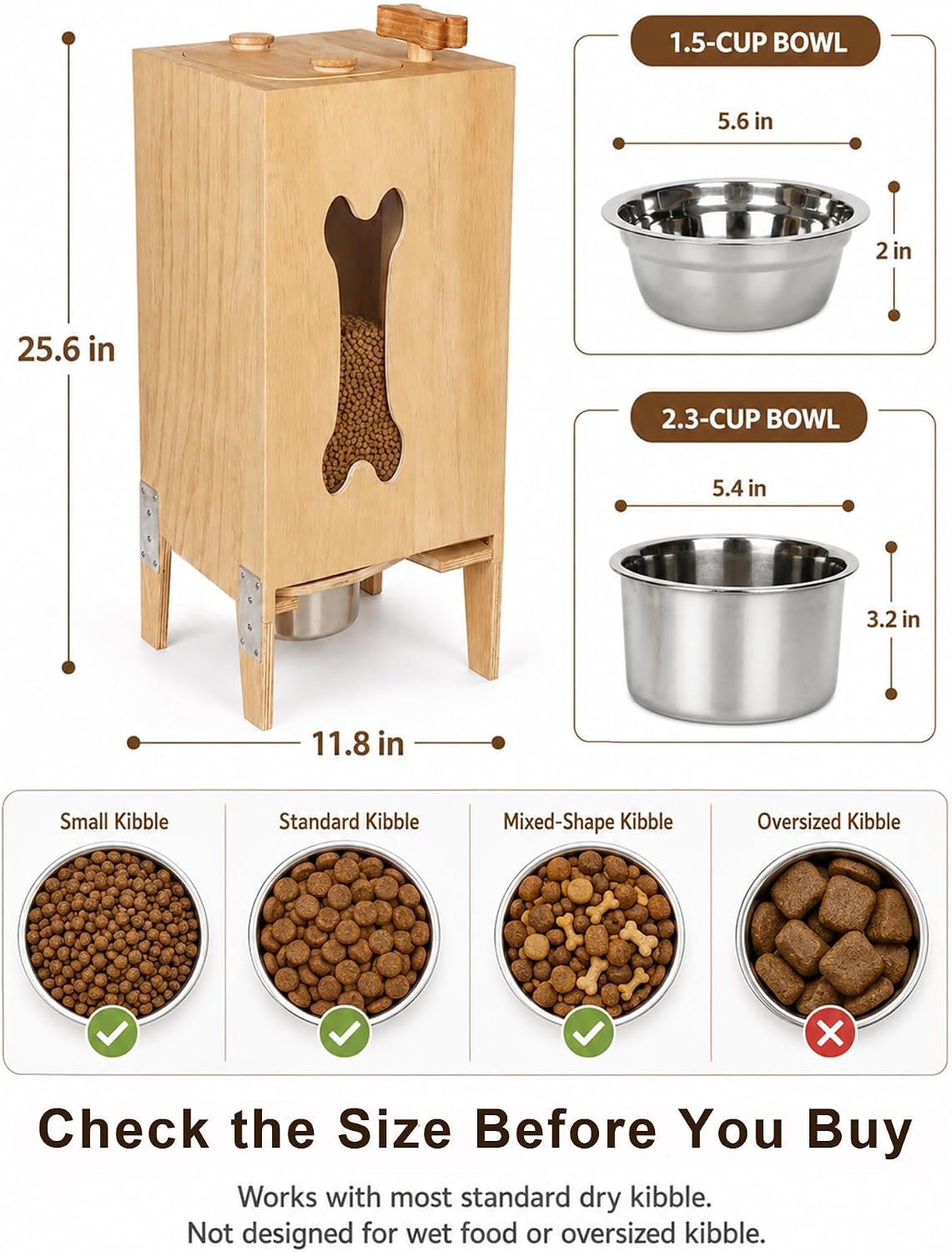 Wooden Dog Food Dispenser with Raised Bowl, Up to 30 lb Kibble Storage