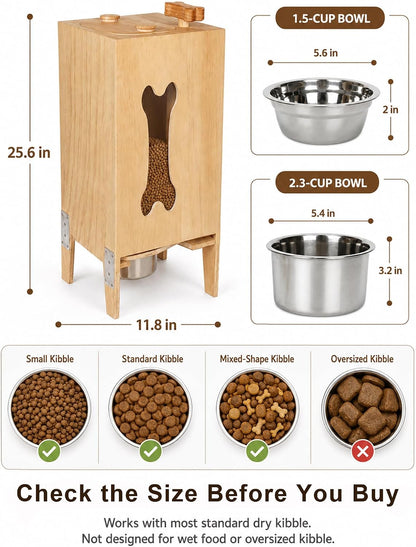Wooden Dog Food Dispenser with Raised Bowl, Up to 30 lb Kibble Storage