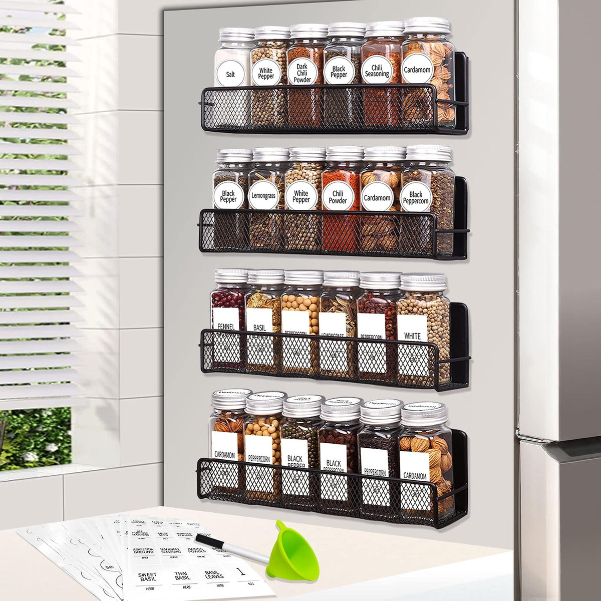 4 Pack Magnetic Spice Rack for Refrigerator, 24 Spice Jars, Labels