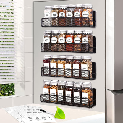 4 Pack Magnetic Spice Rack for Refrigerator, 24 Spice Jars, Labels