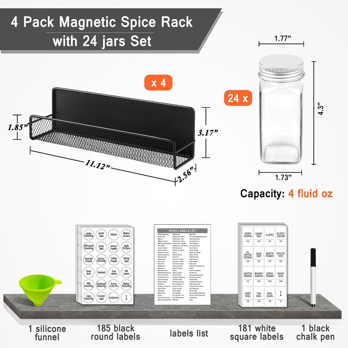 4 Pack Magnetic Spice Rack for Refrigerator, 24 Spice Jars, Labels