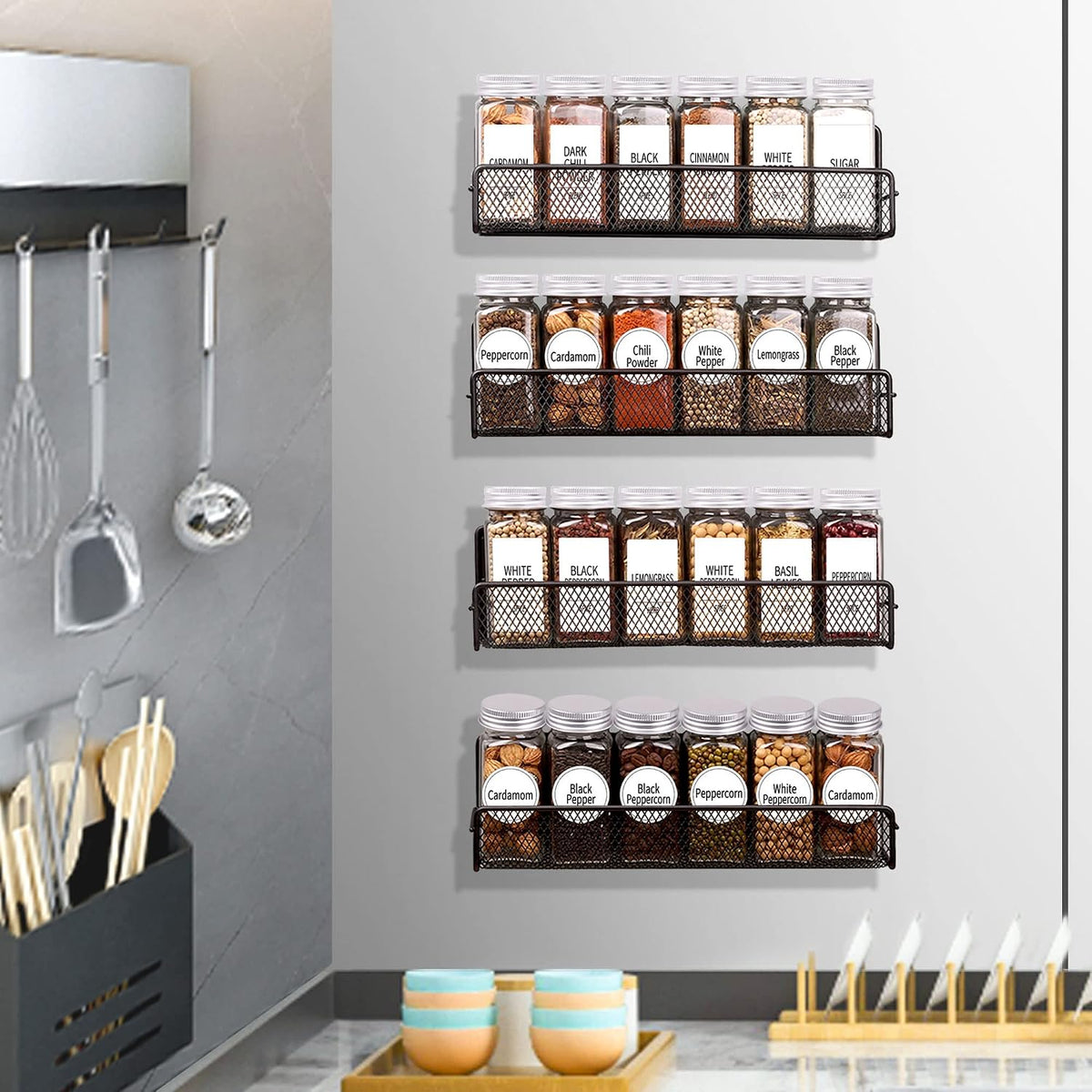 4 Pack Magnetic Spice Rack for Refrigerator, 24 Spice Jars, Labels