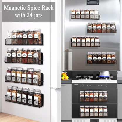 4 Pack Magnetic Spice Rack for Refrigerator, 24 Spice Jars, Labels