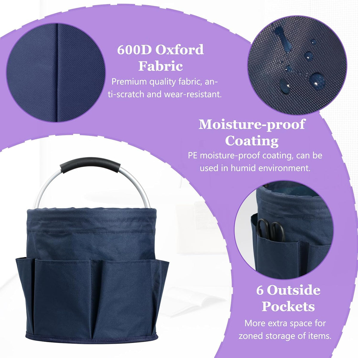 17L Cleaning Caddy with Handle and 6 Pockets, Foldable Cleaning Supply Caddy, Portable Shower Caddy in 600D Oxford Fabric, Multifunctional Storage Basket for Camping, Gardening, Black