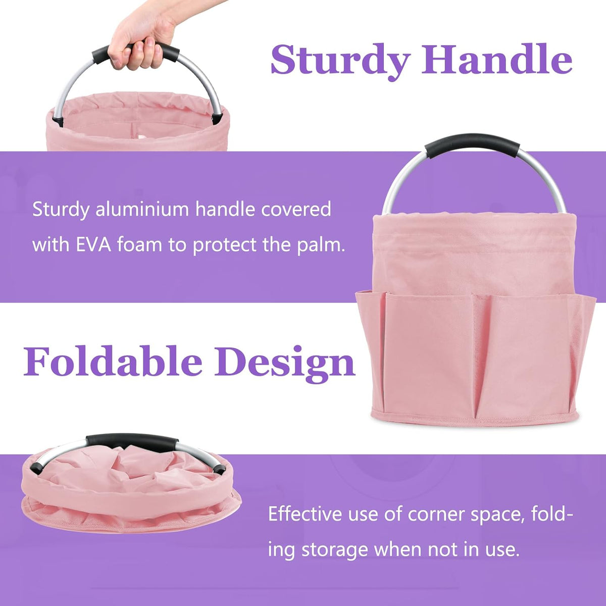 17L Cleaning Caddy with Handle and 6 Pockets, Foldable Cleaning Supply Caddy, Portable Shower Caddy in 600D Oxford Fabric, Multifunctional Storage Basket for Camping, Gardening, Black