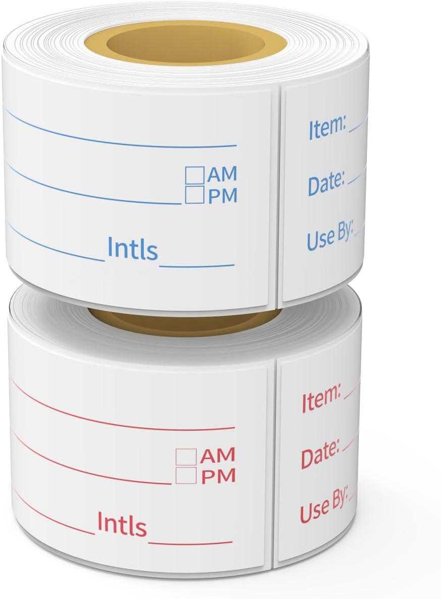 300 Labels Removable Food Labels, 1 x 2 Kitchen Labels 150 Labels per Roll, Date Stickers for Freezer, Refrigerator Food Containers, No Residue(2 Rolls, 2 Colors)