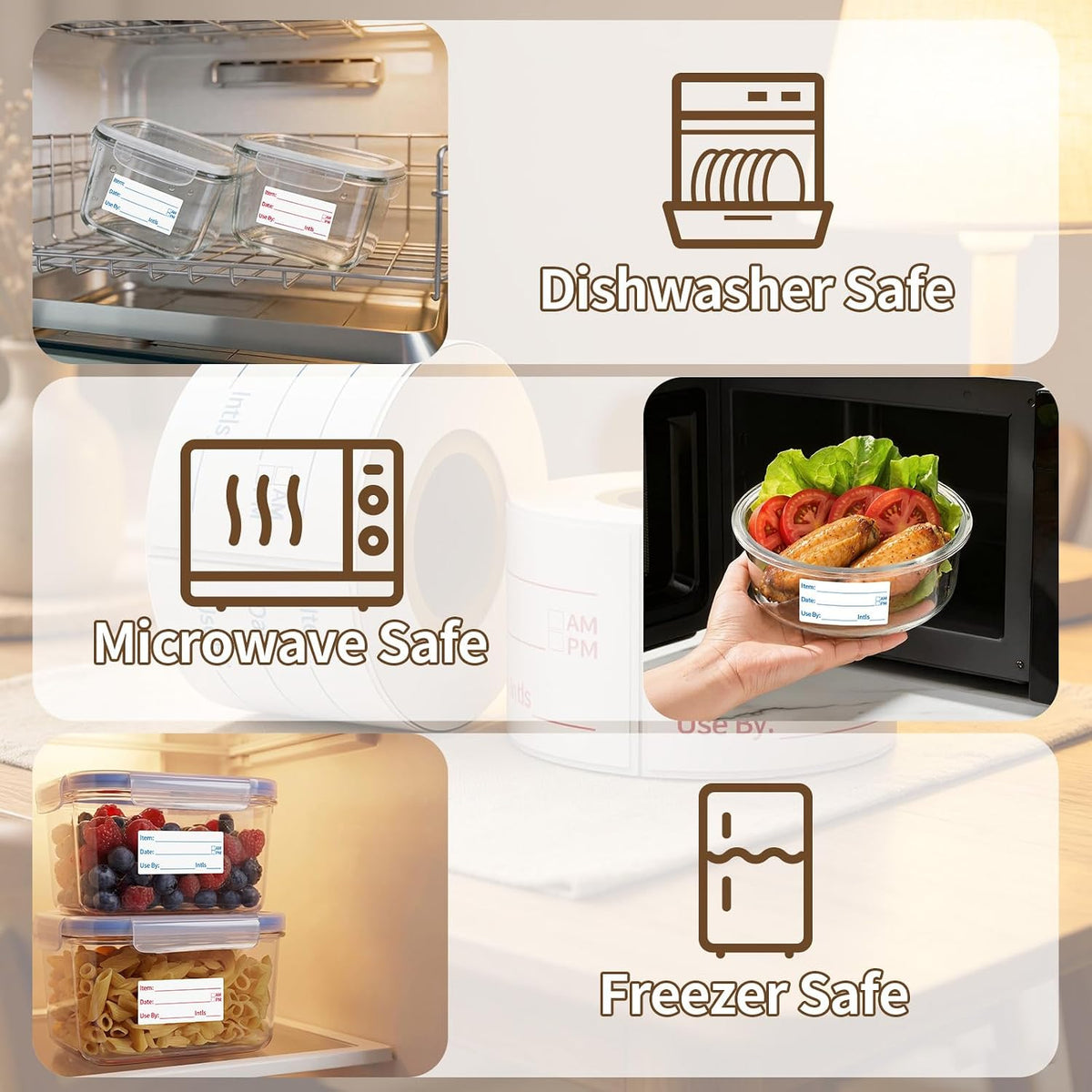 300 Labels Removable Food Labels, 1 x 2 Kitchen Labels 150 Labels per Roll, Date Stickers for Freezer, Refrigerator Food Containers, No Residue(2 Rolls, 2 Colors)