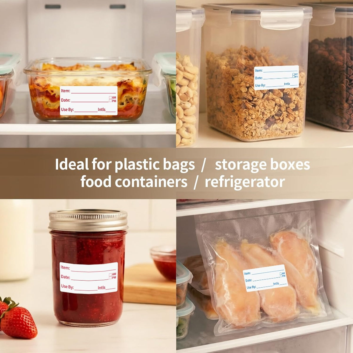 300 Labels Removable Food Labels, 1 x 2 Kitchen Labels 150 Labels per Roll, Date Stickers for Freezer, Refrigerator Food Containers, No Residue(2 Rolls, 2 Colors)