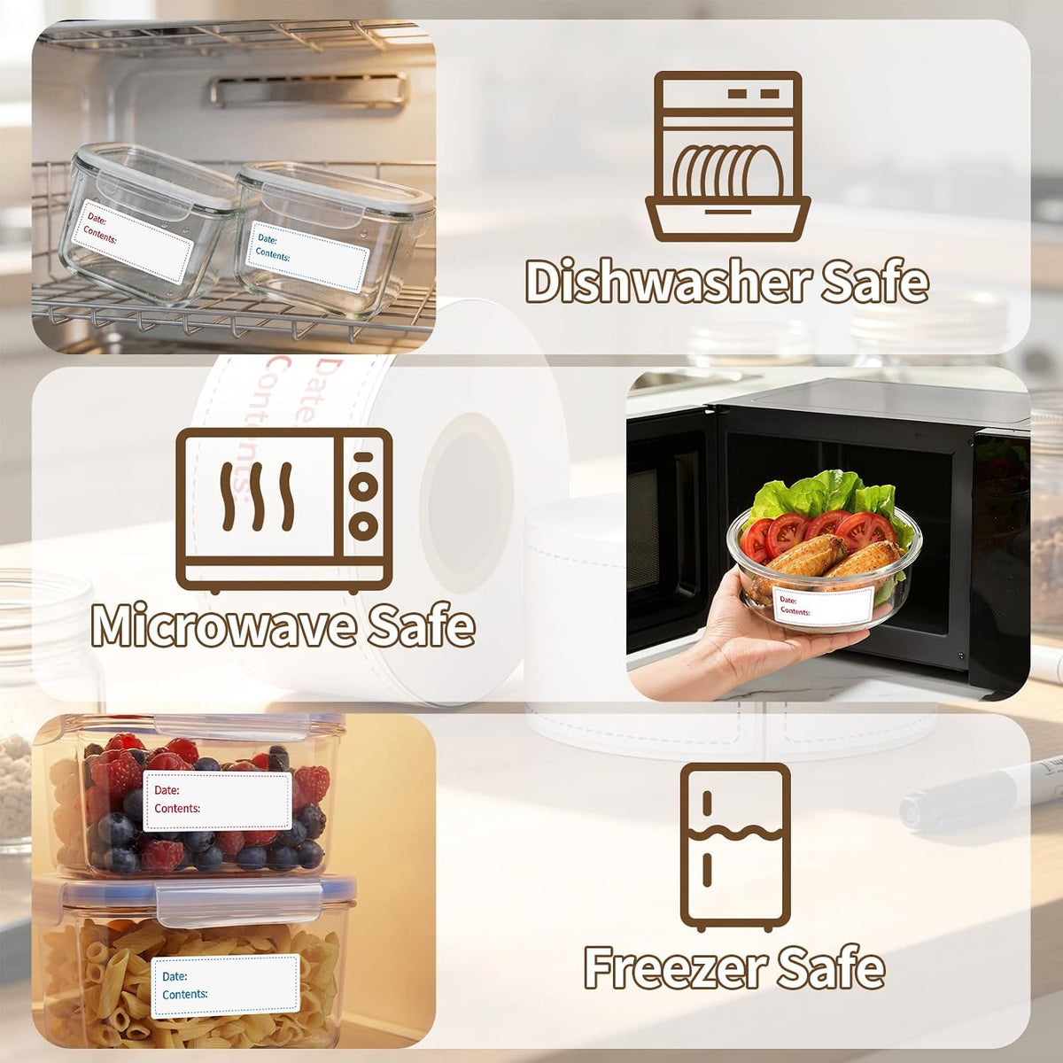 300 Labels Removable Food Labels, 1 x 2 Kitchen Labels 150 Labels per Roll, Date Stickers for Freezer, Refrigerator Food Containers, No Residue(2 Rolls, 2 Colors)