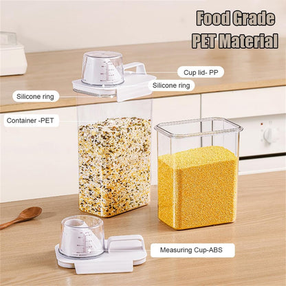 2Pcs Rice Dispenser Storage Containers, 1.1L Small Rice Bucket with Measuring Cup & Pour Spout, Kitchen Plastic Airtight Container for Cereal, Grain, Flour, Sugar, Oatmeal, Dry Pet Dog Food