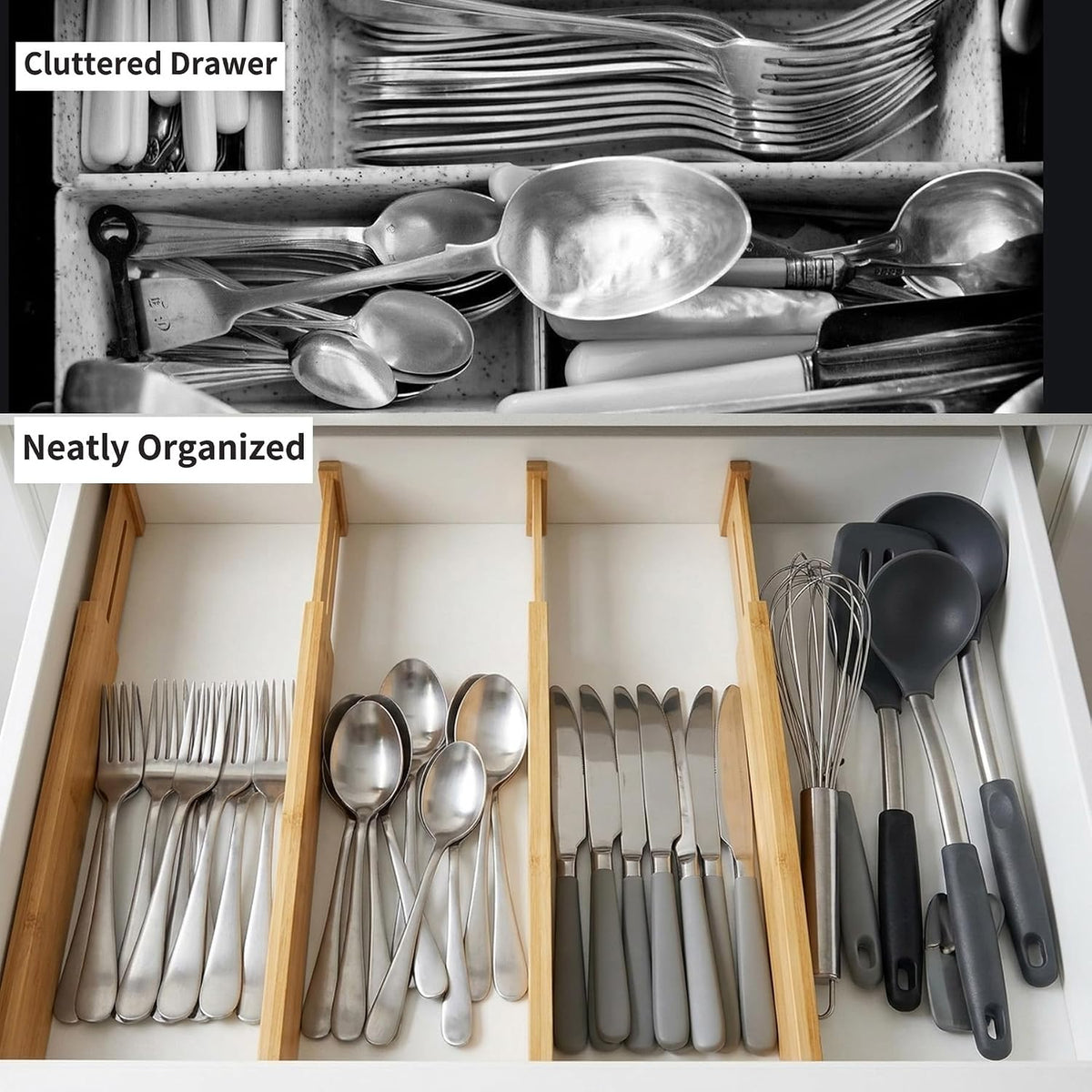 4 Pcs Bamboo Kitchen Drawer Dividers, Large Drawers Organizers