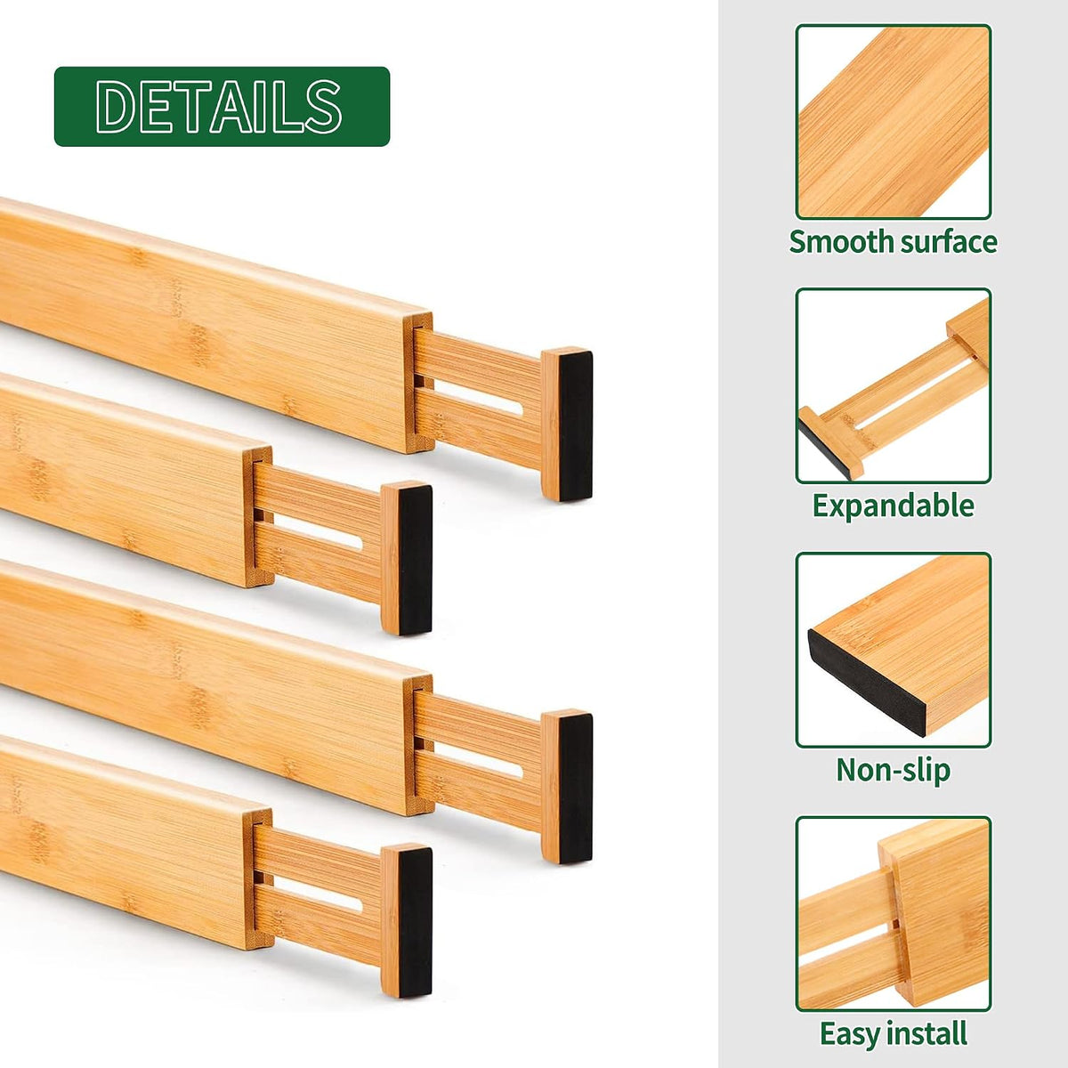 4 Pcs Bamboo Kitchen Drawer Dividers, Large Drawers Organizers