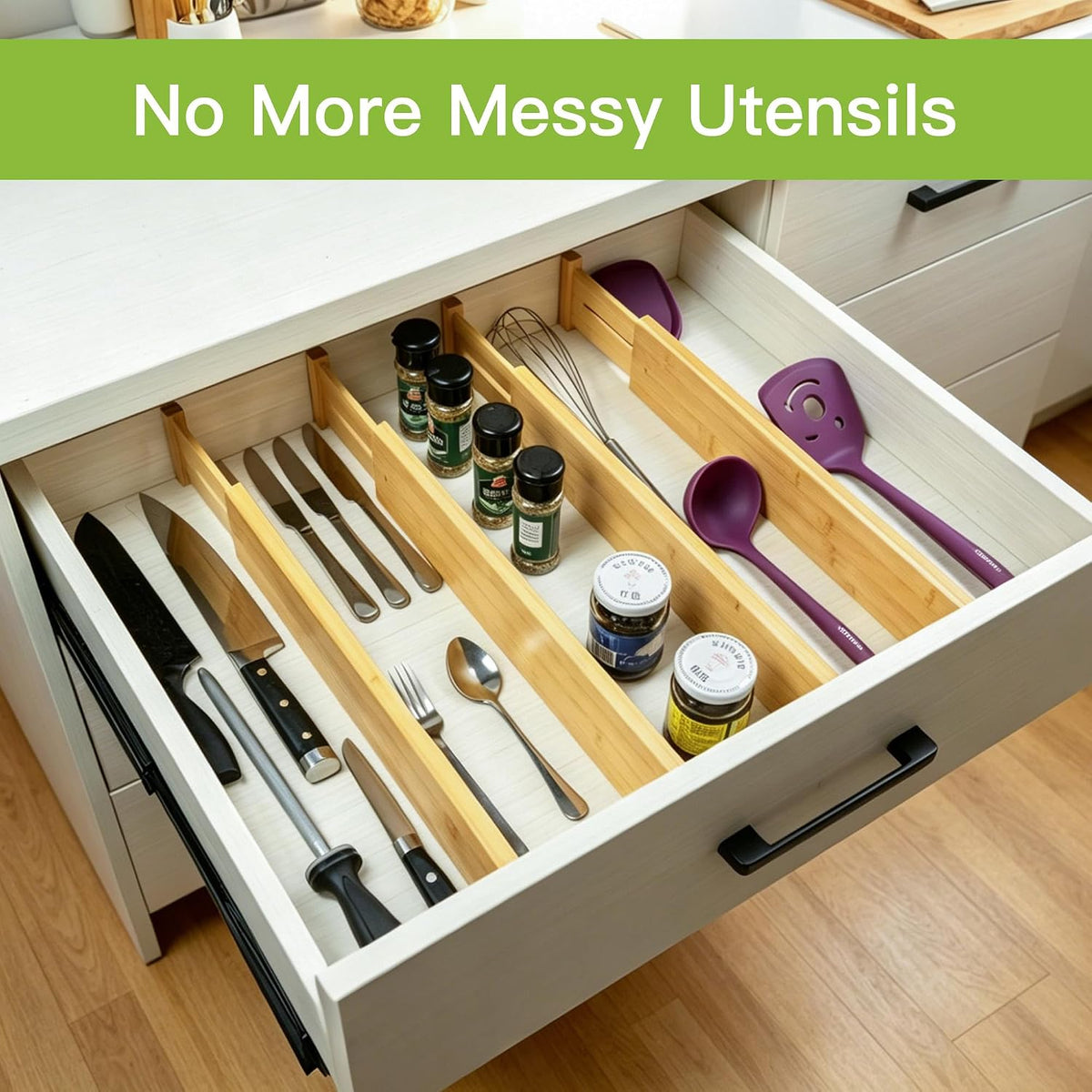 4 Pcs Bamboo Kitchen Drawer Dividers, Large Drawers Organizers