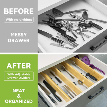 4 Pcs Bamboo Kitchen Drawer Dividers, Large Drawers Organizers