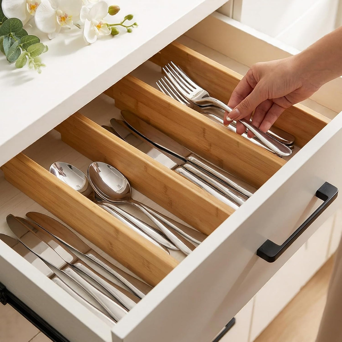 4 Pcs Bamboo Kitchen Drawer Dividers, Large Drawers Organizers