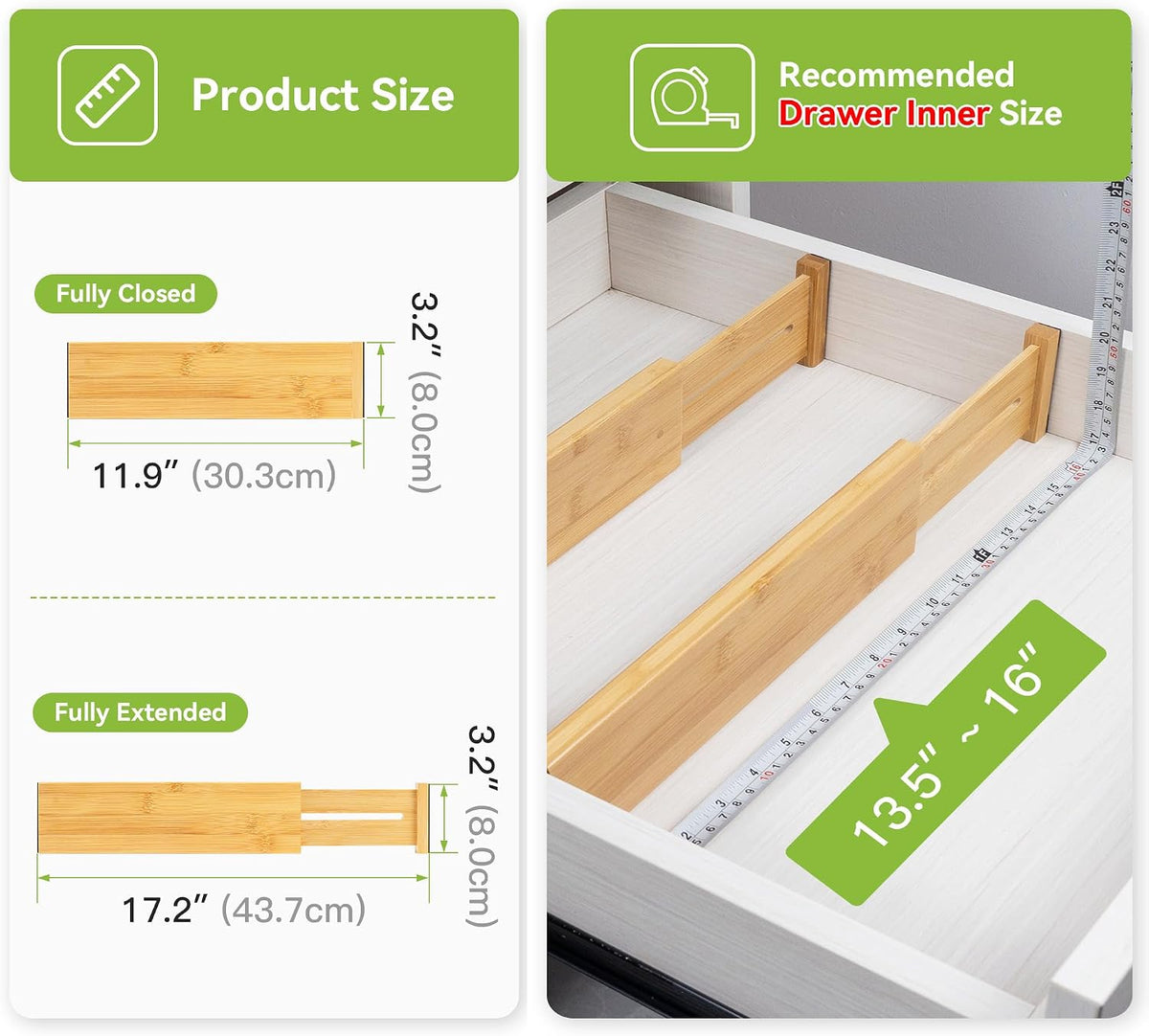 4 Pcs Bamboo Kitchen Drawer Dividers, Large Drawers Organizers