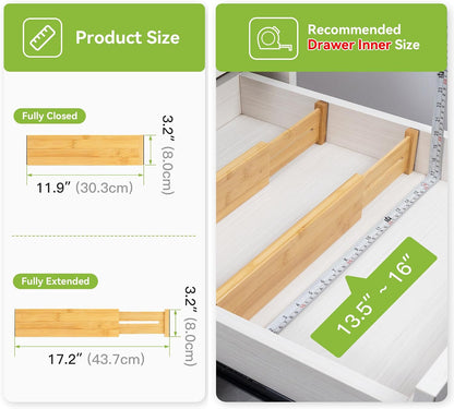 4 Pcs Bamboo Kitchen Drawer Dividers, Large Drawers Organizers
