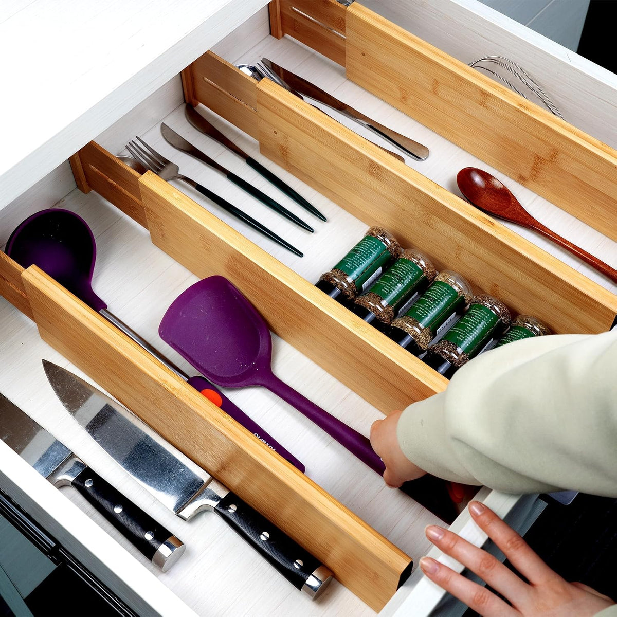 4 Pcs Bamboo Kitchen Drawer Dividers, Large Drawers Organizers