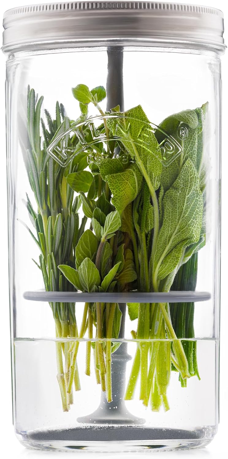 Herb Keeper Set | Keep Herbs Fresh for Up to 3 Weeks | 1L Wide Mouth Jar with Stainless Steel Lid & Silicone Lifter | Easy-to-Use for Home-Grown or Store-Bought Herbs | Recipe Booklet Included