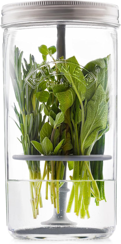 Herb Keeper Set | Keep Herbs Fresh for Up to 3 Weeks | 1L Wide Mouth Jar with Stainless Steel Lid & Silicone Lifter | Easy-to-Use for Home-Grown or Store-Bought Herbs | Recipe Booklet Included