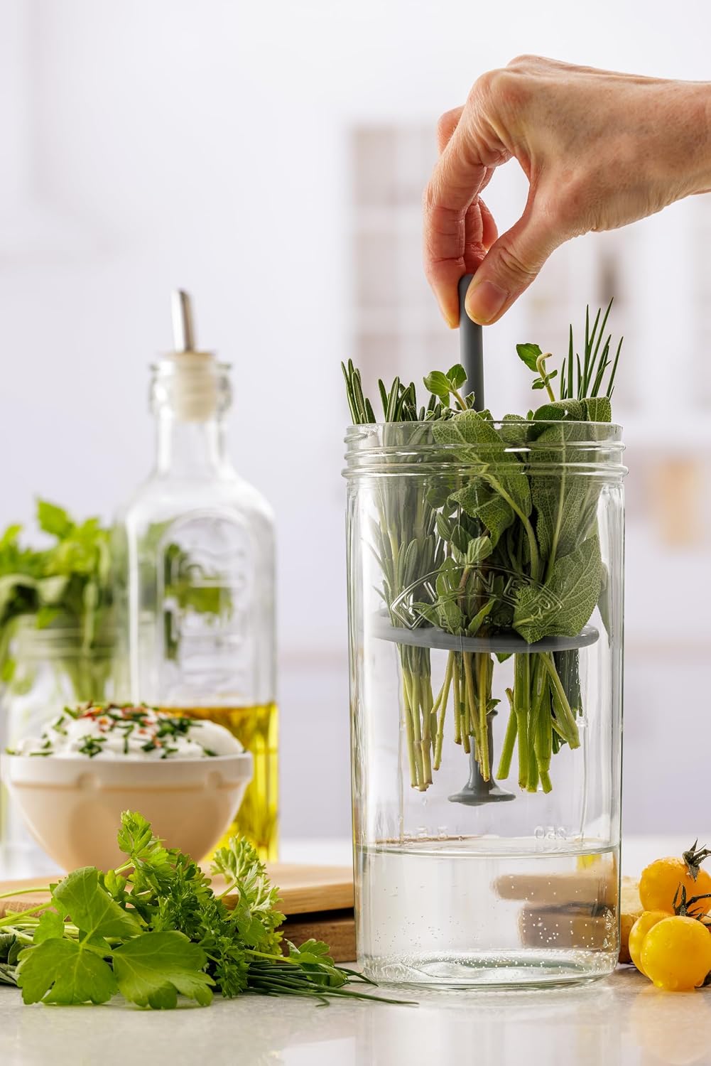 Herb Keeper Set | Keep Herbs Fresh for Up to 3 Weeks | 1L Wide Mouth Jar with Stainless Steel Lid & Silicone Lifter | Easy-to-Use for Home-Grown or Store-Bought Herbs | Recipe Booklet Included