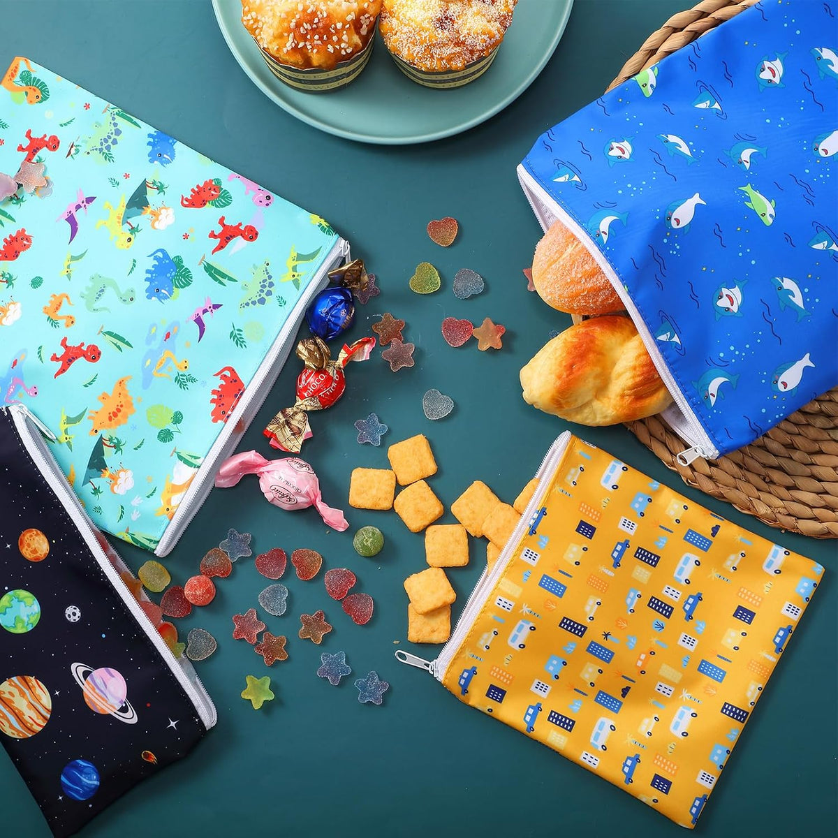4 Pcs Reusable Snack Bags for Kids, Washable Sandwich Bags,Rainbow