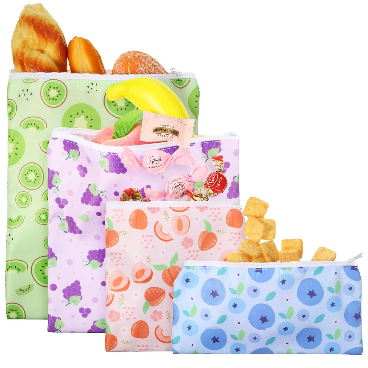 4 Pcs Reusable Snack Bags for Kids, Washable Sandwich Bags,Rainbow