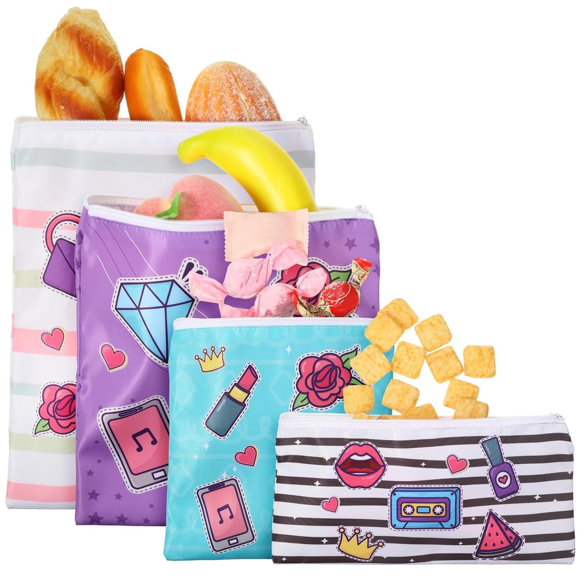 4 Pcs Reusable Snack Bags for Kids, Washable Sandwich Bags,Rainbow