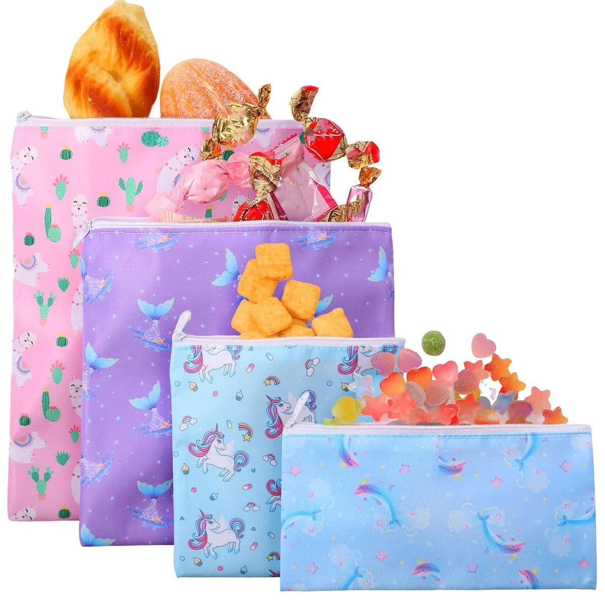 4 Pcs Reusable Snack Bags for Kids, Washable Sandwich Bags,Rainbow