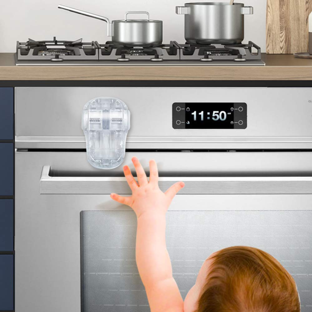 Child Safety Heat-Resistant Oven Door Lock, Oven Front Lock for Kids Easy to Install, Use Adhesive,No Screws or Drill (1 Pack,Clear-Black)(ONLY for Flat Surface)