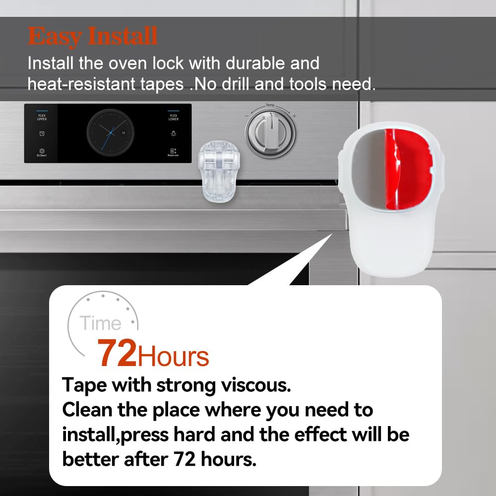 Child Safety Heat-Resistant Oven Door Lock, Oven Front Lock for Kids Easy to Install, Use Adhesive,No Screws or Drill (1 Pack,Clear-Black)(ONLY for Flat Surface)