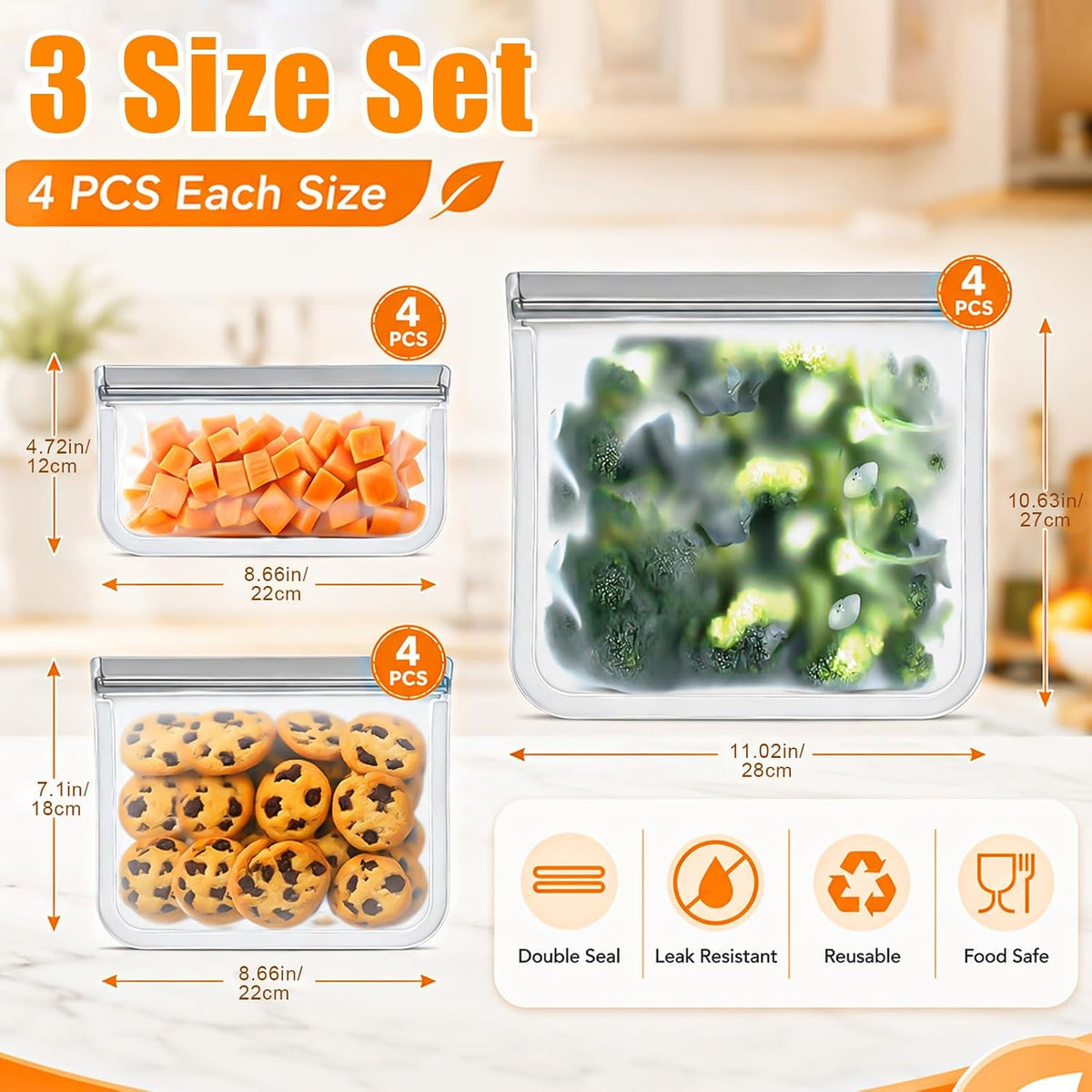 30 Pack Reusable Silicone Food Storage Bags, 4 Size Leak proof Dishwasher Safe Reusable Freezer Bag for Food Storage Containers Lunch Bags for Sandwich, Marinate Meat, Fruit