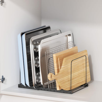 Cutting Board Organizer Rack for Cabinet with 7 Adjustable Dividers | 7 adjustable dividers. Holds cutting boards, cookie sheets, baking trays and thin pans, Wire rack for cabinet or countertop