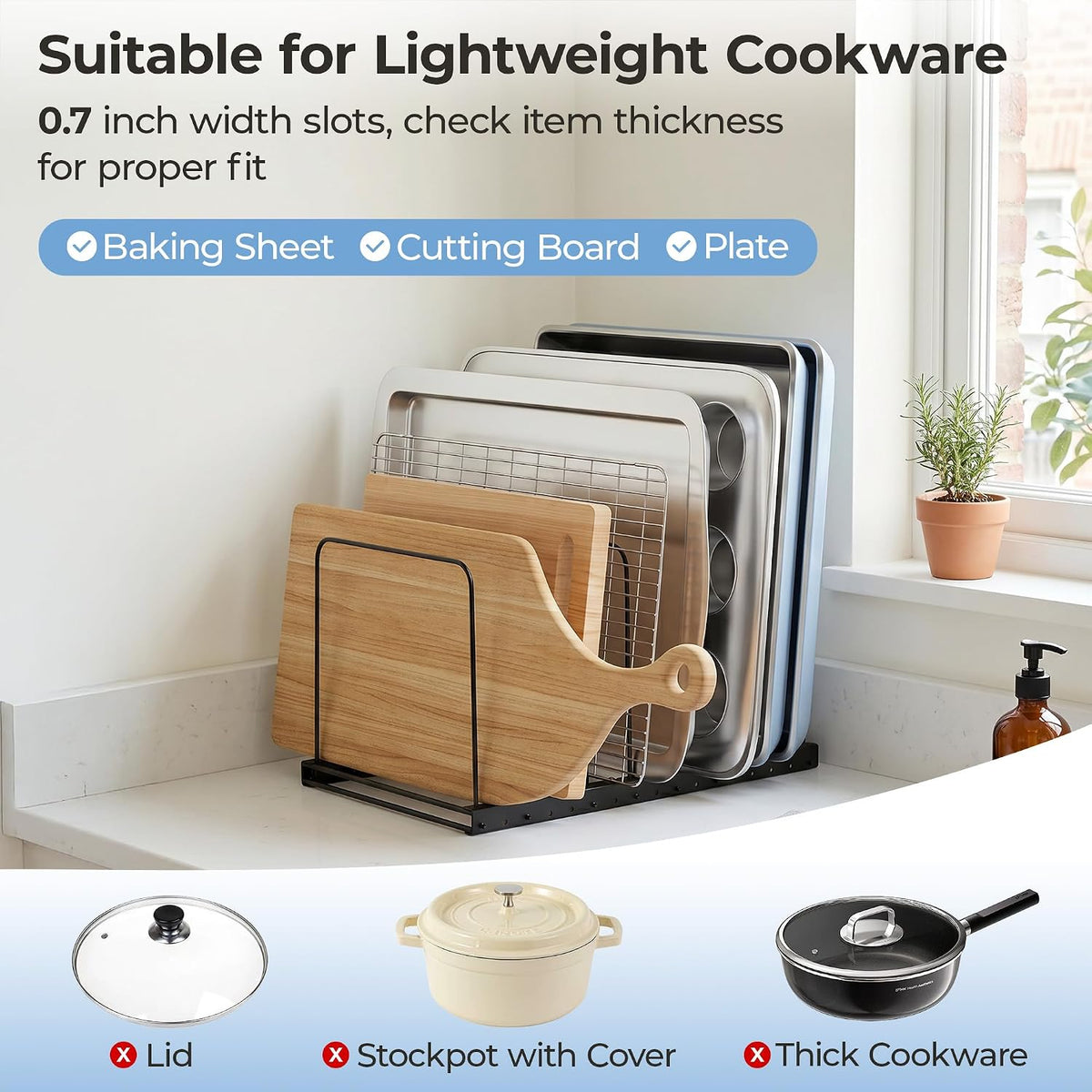 Cutting Board Organizer Rack for Cabinet with 7 Adjustable Dividers | 7 adjustable dividers. Holds cutting boards, cookie sheets, baking trays and thin pans, Wire rack for cabinet or countertop
