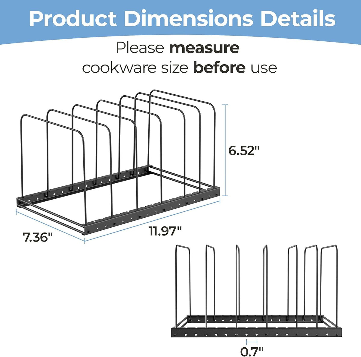 Cutting Board Organizer Rack for Cabinet with 7 Adjustable Dividers | 7 adjustable dividers. Holds cutting boards, cookie sheets, baking trays and thin pans, Wire rack for cabinet or countertop