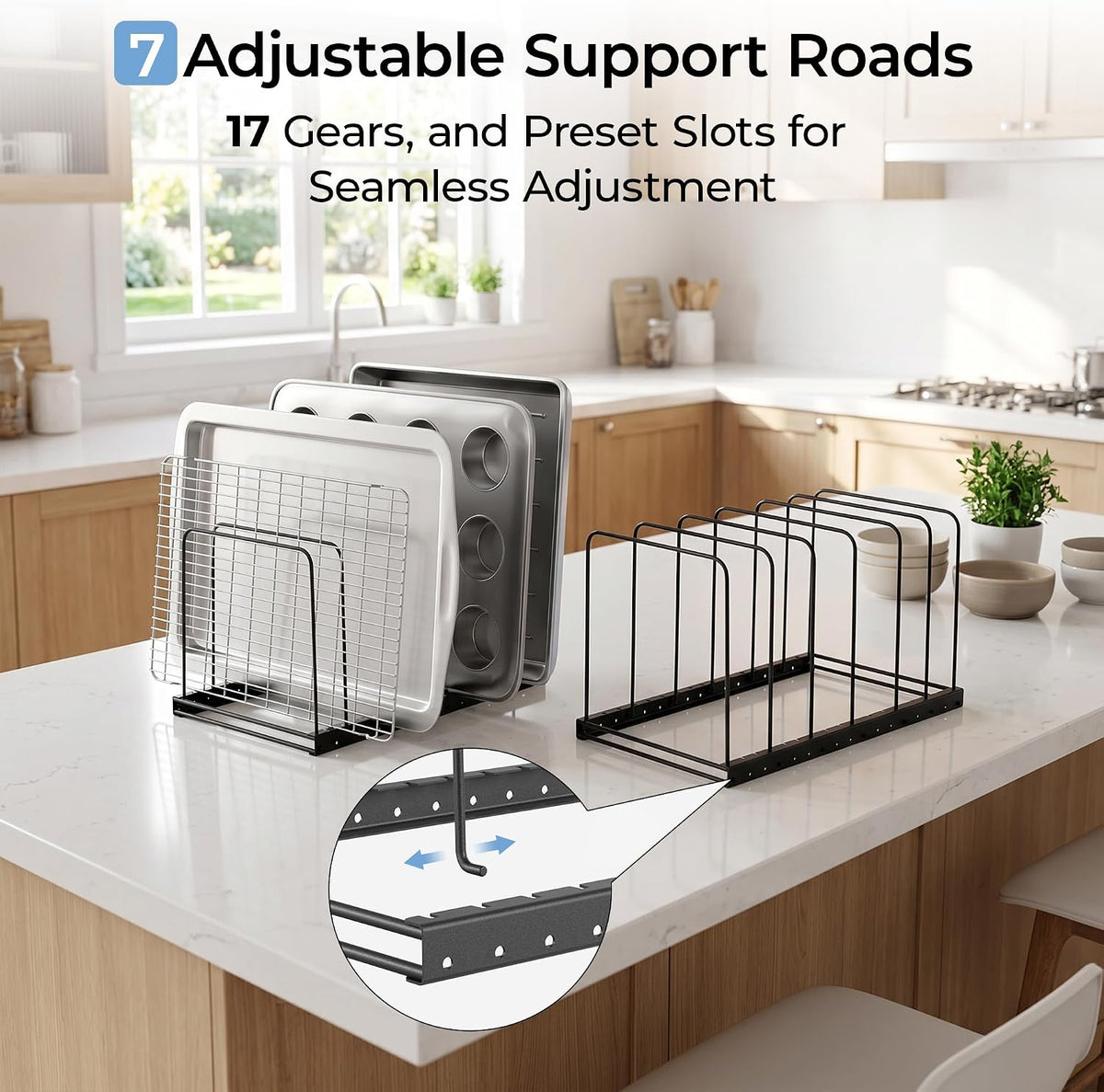 Cutting Board Organizer Rack for Cabinet with 7 Adjustable Dividers | 7 adjustable dividers. Holds cutting boards, cookie sheets, baking trays and thin pans, Wire rack for cabinet or countertop