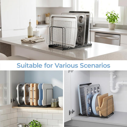 Cutting Board Organizer Rack for Cabinet with 7 Adjustable Dividers | 7 adjustable dividers. Holds cutting boards, cookie sheets, baking trays and thin pans, Wire rack for cabinet or countertop