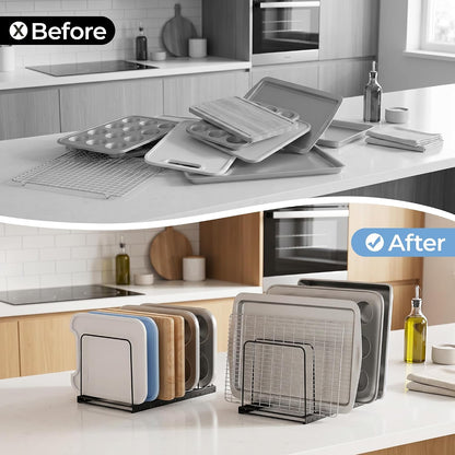 Cutting Board Organizer Rack for Cabinet with 7 Adjustable Dividers | 7 adjustable dividers. Holds cutting boards, cookie sheets, baking trays and thin pans, Wire rack for cabinet or countertop