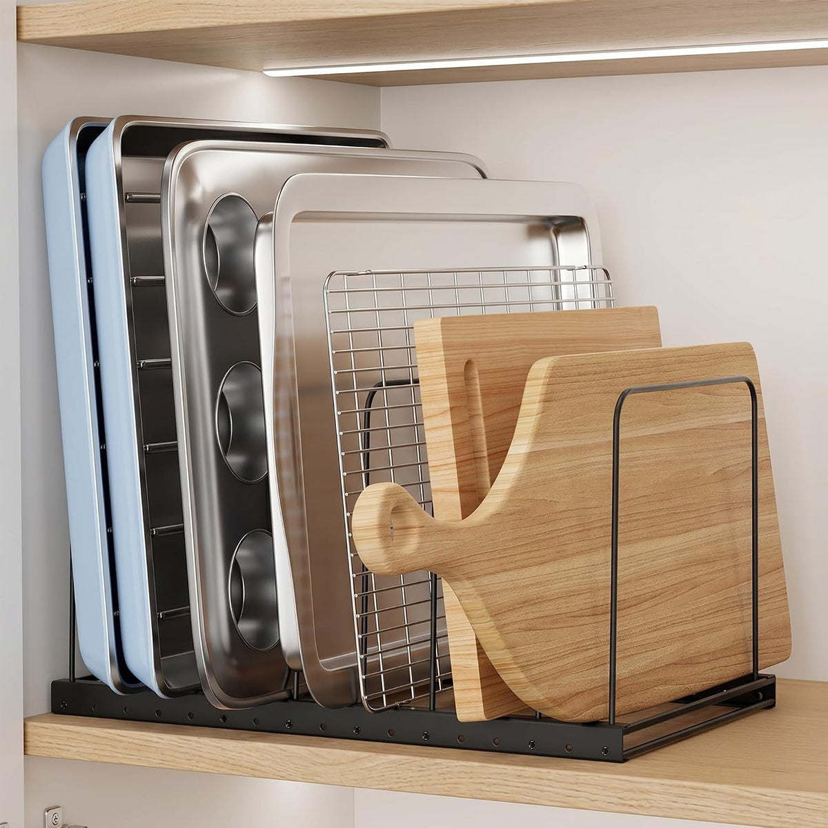 Cutting Board Organizer Rack for Cabinet with 7 Adjustable Dividers | 7 adjustable dividers. Holds cutting boards, cookie sheets, baking trays and thin pans, Wire rack for cabinet or countertop