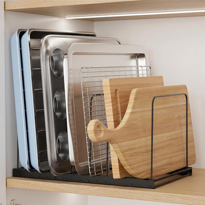 Cutting Board Organizer Rack for Cabinet with 7 Adjustable Dividers | 7 adjustable dividers. Holds cutting boards, cookie sheets, baking trays and thin pans, Wire rack for cabinet or countertop