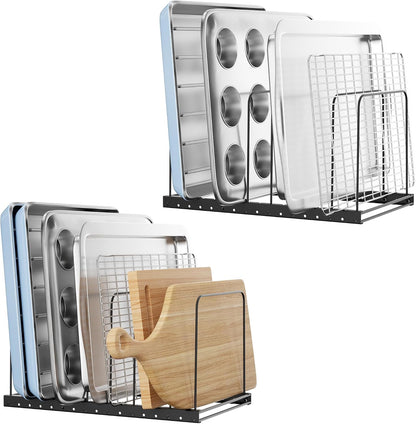 Cutting Board Organizer Rack for Cabinet with 7 Adjustable Dividers | 7 adjustable dividers. Holds cutting boards, cookie sheets, baking trays and thin pans, Wire rack for cabinet or countertop