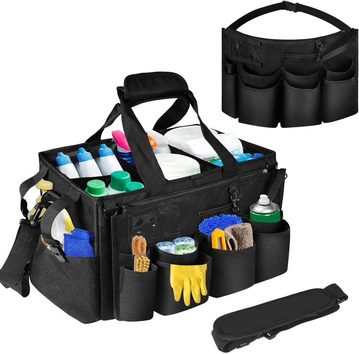 Cleaning Caddy Bag Wearable, Cleaning Caddy Supplies Organizer with Handle, Shoulder Straps & Detachable Divide, Cleaning Tool Organizers Tote Bag for Cleaners & Housekeepers(Pink)