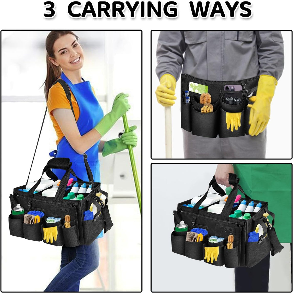 Cleaning Caddy Bag Wearable, Cleaning Caddy Supplies Organizer with Handle, Shoulder Straps & Detachable Divide, Cleaning Tool Organizers Tote Bag for Cleaners & Housekeepers(Pink)