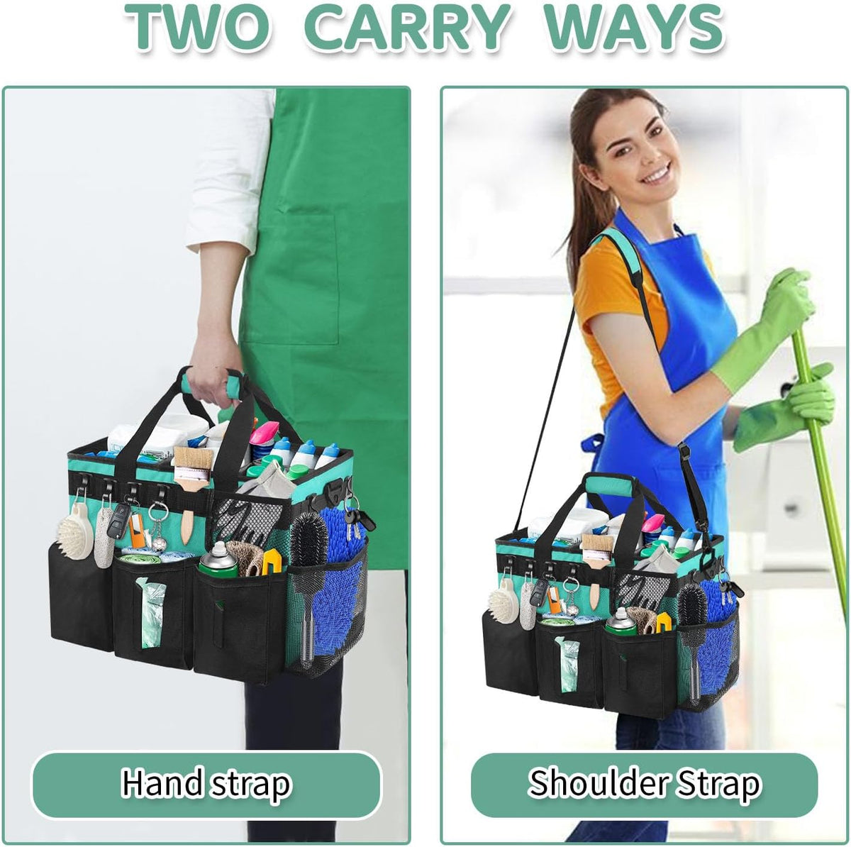 Cleaning Caddy Bag Wearable, Cleaning Caddy Supplies Organizer with Handle, Shoulder Straps & Detachable Divide, Cleaning Tool Organizers Tote Bag for Cleaners & Housekeepers(Pink)