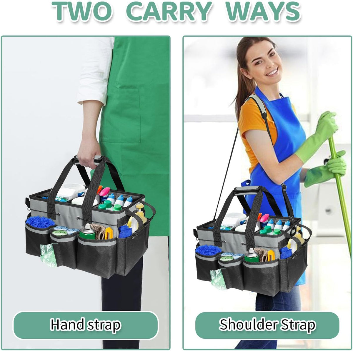 Cleaning Caddy Bag Wearable, Cleaning Caddy Supplies Organizer with Handle, Shoulder Straps & Detachable Divide, Cleaning Tool Organizers Tote Bag for Cleaners & Housekeepers(Pink)