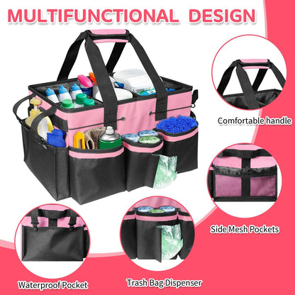 Cleaning Caddy Bag Wearable, Cleaning Caddy Supplies Organizer with Handle, Shoulder Straps & Detachable Divide, Cleaning Tool Organizers Tote Bag for Cleaners & Housekeepers(Pink)