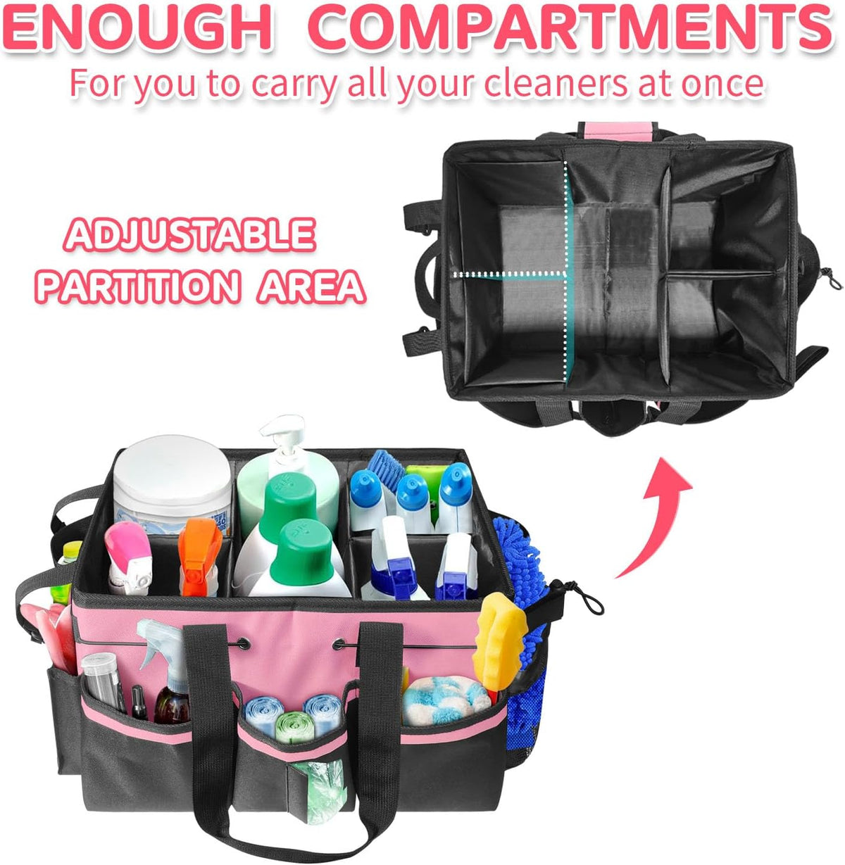 Cleaning Caddy Bag Wearable, Cleaning Caddy Supplies Organizer with Handle, Shoulder Straps & Detachable Divide, Cleaning Tool Organizers Tote Bag for Cleaners & Housekeepers(Pink)