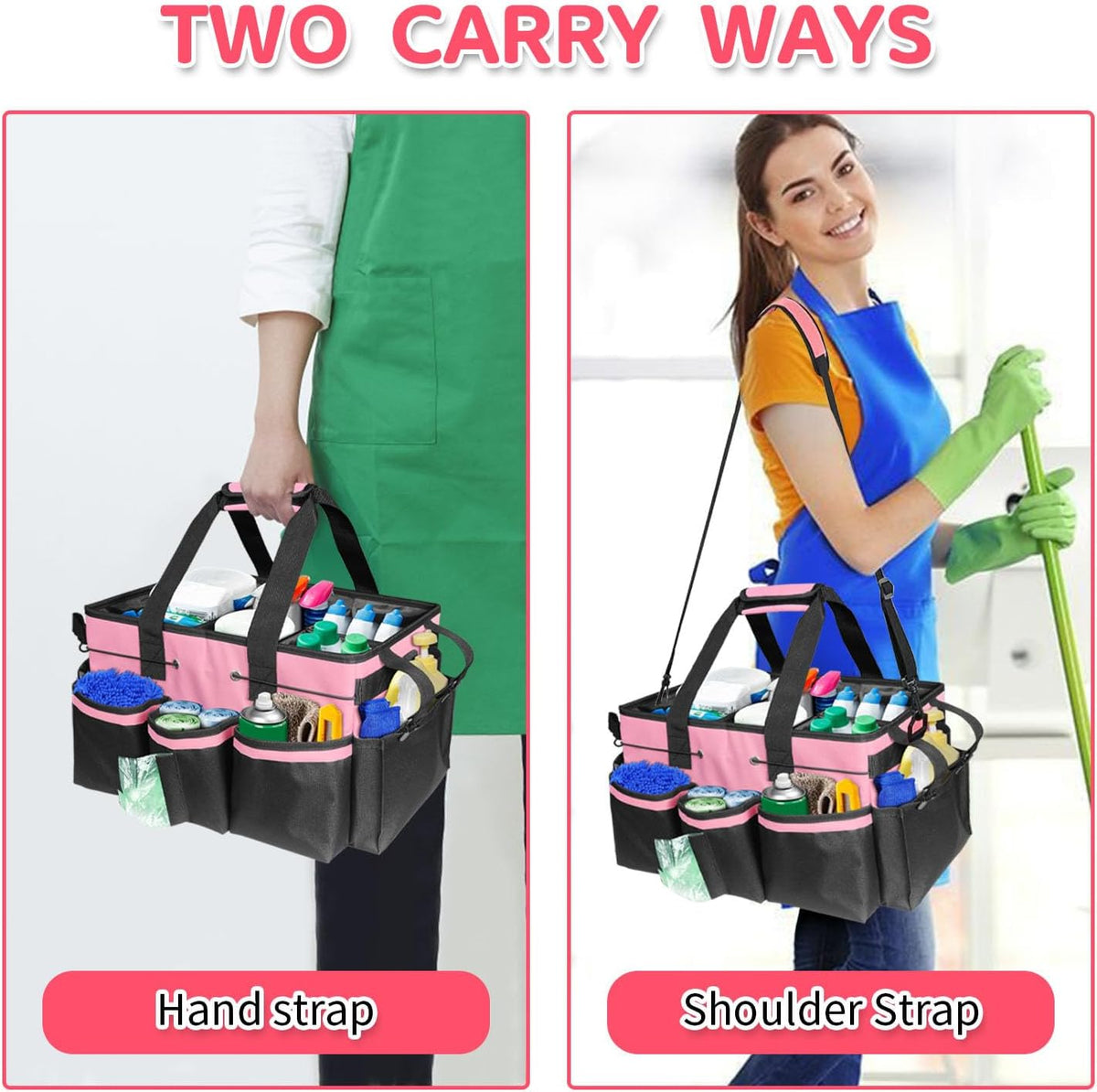 Cleaning Caddy Bag Wearable, Cleaning Caddy Supplies Organizer with Handle, Shoulder Straps & Detachable Divide, Cleaning Tool Organizers Tote Bag for Cleaners & Housekeepers(Pink)